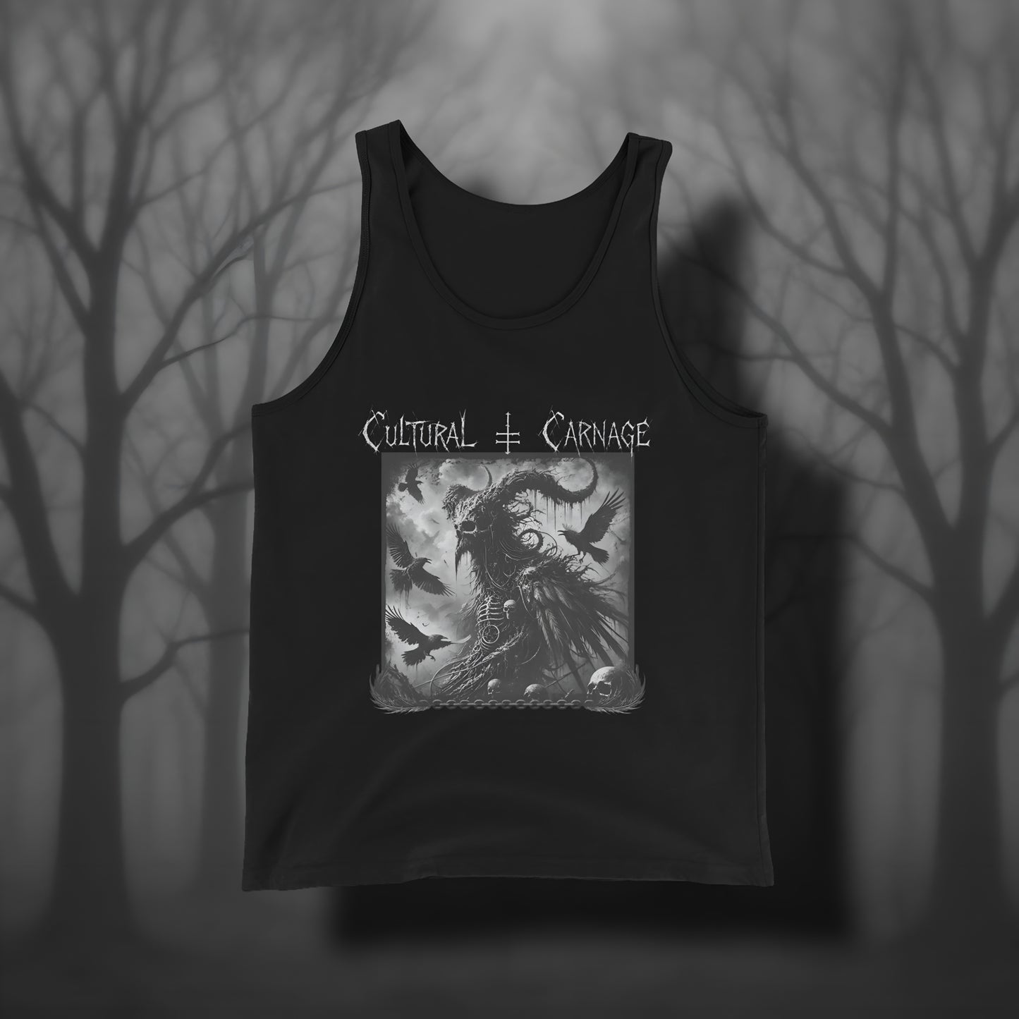 Schwarzes Gothic Tanktop mit düsterem Frontprint: vogelartiger, gehörnter Dämon im Mantel, umgeben von fliegenden Raben, Schädel im Vordergrund. Weißer Schriftzug "Cultural Carnage" darüber