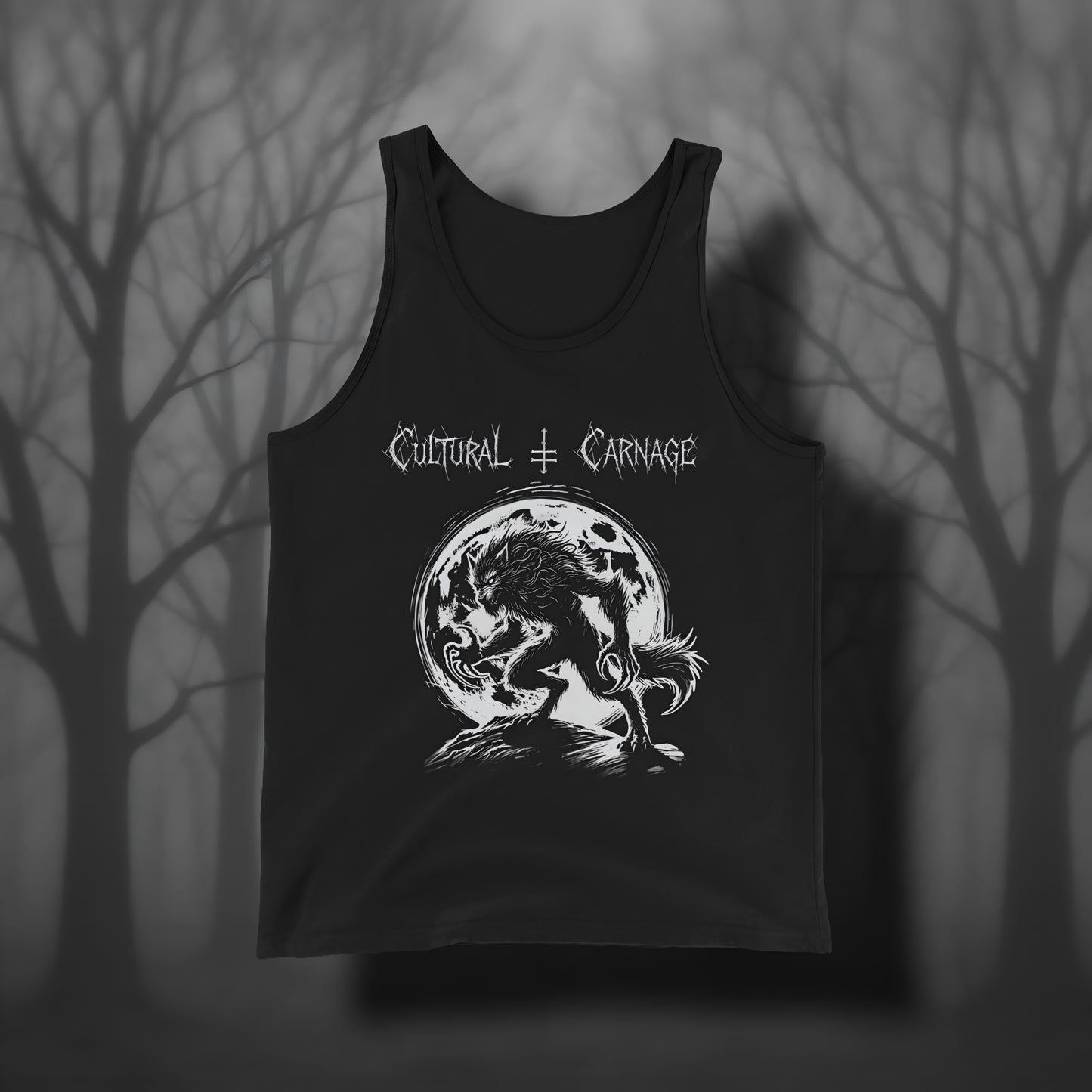 Schwarzes Gothic Tanktop mit düsterem Frontprint: furchteinflößender Werwolf mit gesträubtem Fell vor großem, vollmondbeleuchtetem Hintergrund. Weißer Schriftzug "Cultural Carnage" darüber