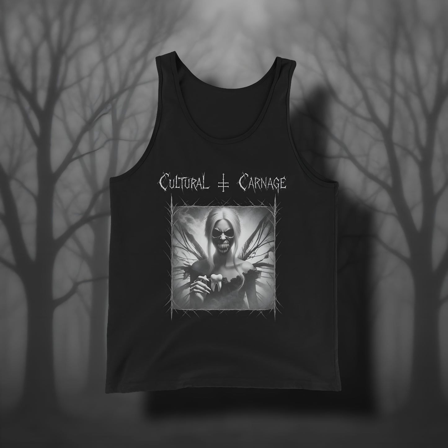 Schwarzes Gothic Tanktop mit düsterem Frontprint: dämonische Zahnfee mit langen Haaren, gezacktem Mund voller scharfer Zähne, dunklen Feenflügeln und herausgerissenen Zähnen in den Händen. Weißer Schriftzug "Cultural Carnage" darüber