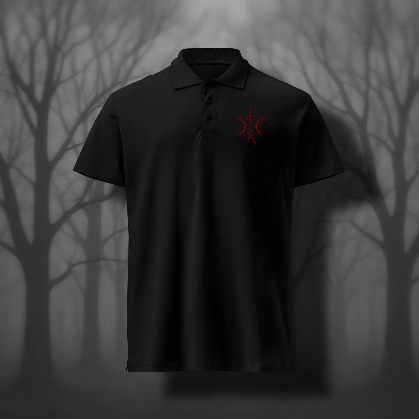 Schwarzes Polo-Shirt mit dunkelrotem, gesticktem Cultural Carnage Apparel Brustlogo - Klassisches Polo-Shirt im Gothic Dark Art Style
