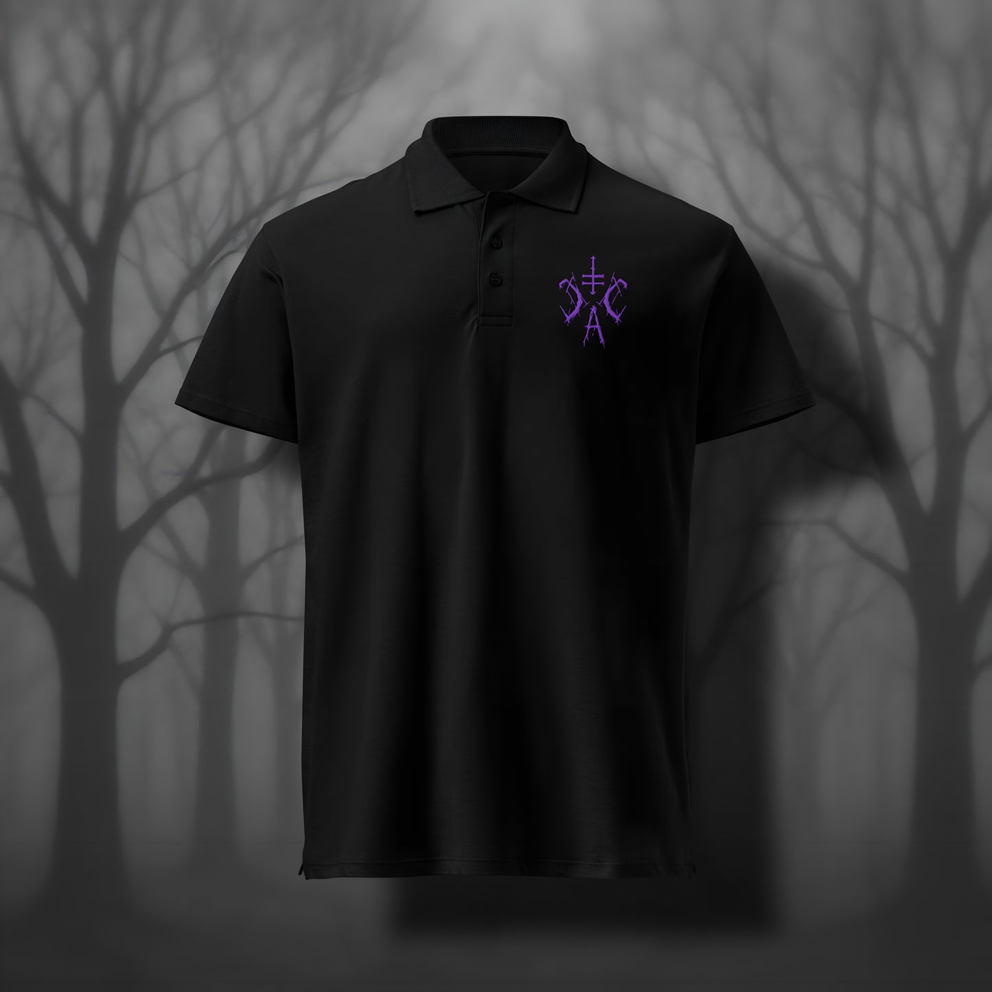 Schwarzes Polo-Shirt mit violettem, gesticktem Cultural Carnage Apparel Brustlogo - Klassisches Polo-Shirt im Gothic Dark Art Style