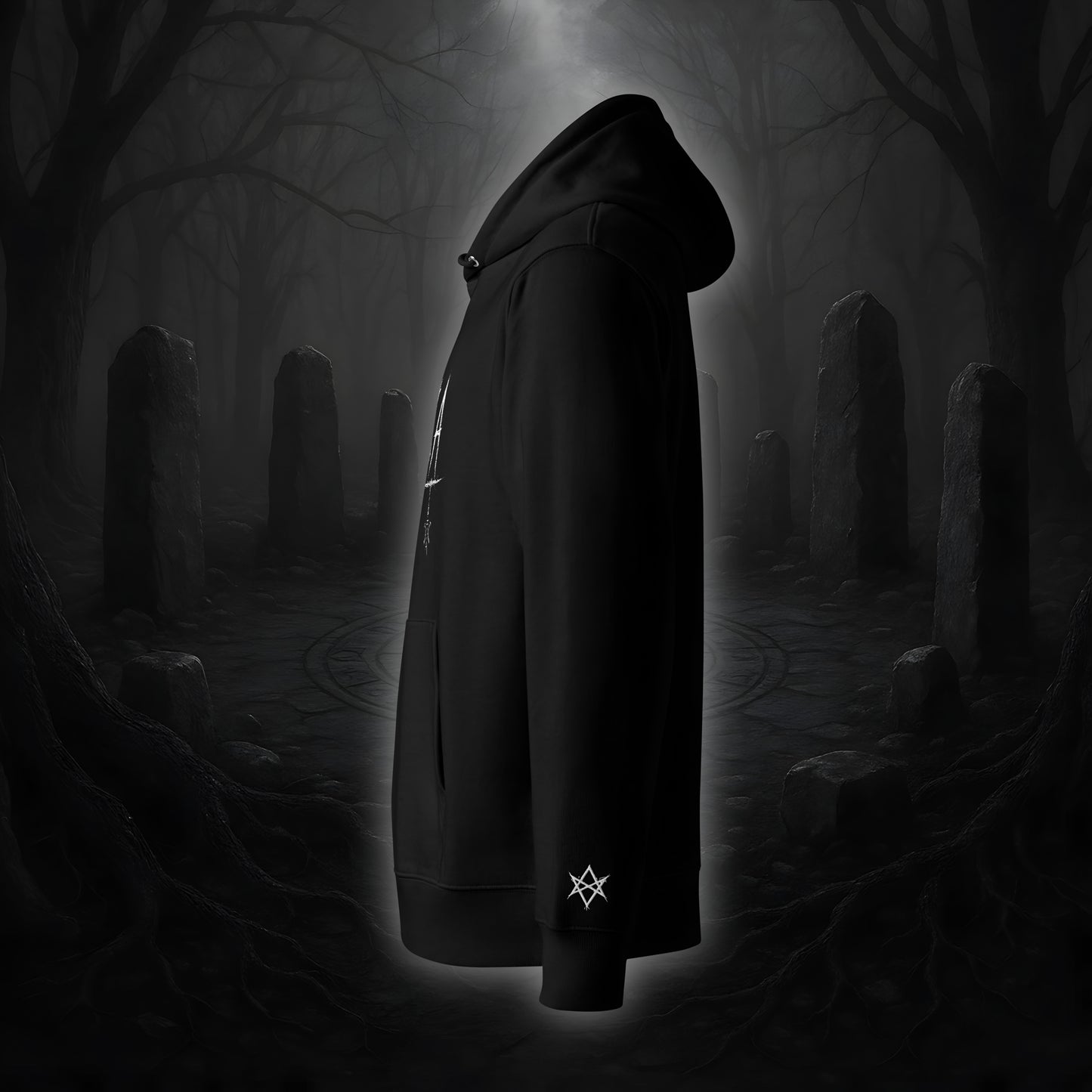 Schwarzer Hoodie mit weißem Cultural Carnage Statement „BRUJA“ als Frontprint und passendem Ärmelstick-Symbol, reguläre Passform, doppellagige Kapuze.