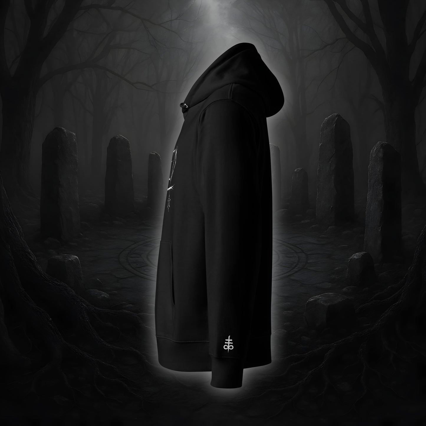 Schwarzer Hoodie mit weißem Cultural Carnage Statement „CURSED“ als Frontprint und passendem Ärmelstick-Symbol, reguläre Passform, doppellagige Kapuze.