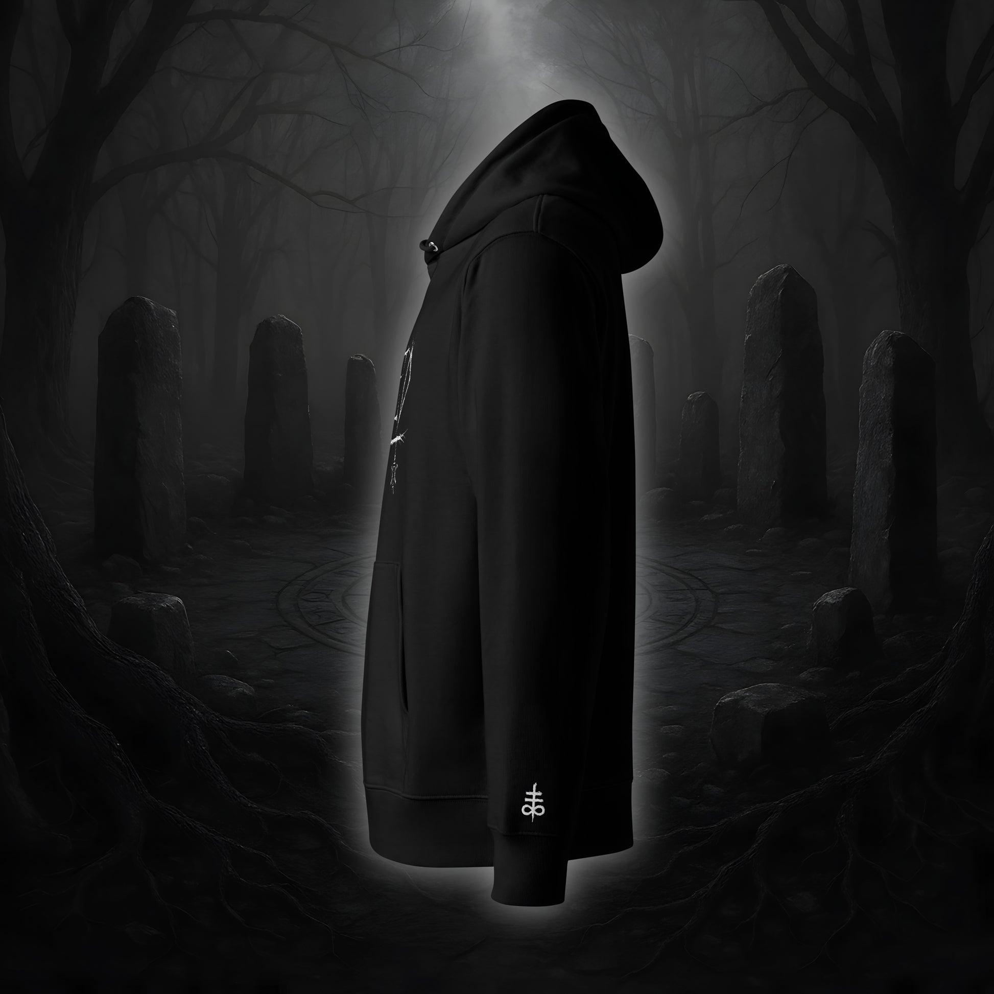 Schwarzer Hoodie mit weißem Cultural Carnage Statement „CURSED“ als Frontprint und passendem Ärmelstick-Symbol, reguläre Passform, doppellagige Kapuze.