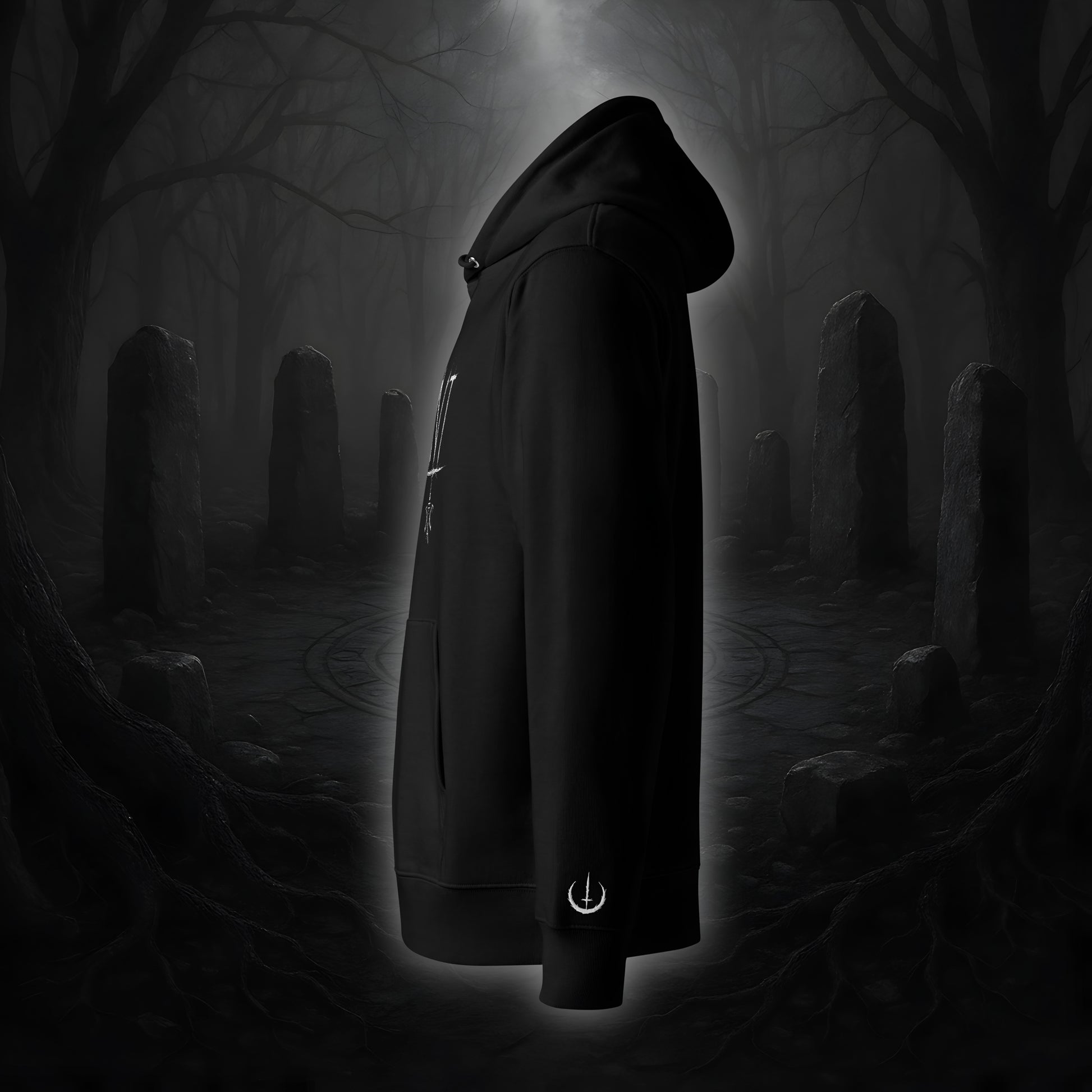 Schwarzer Hoodie mit weißem Cultural Carnage Statement „DEVIANT“ als Frontprint und passendem Ärmelstick-Symbol, reguläre Passform, doppellagige Kapuze.