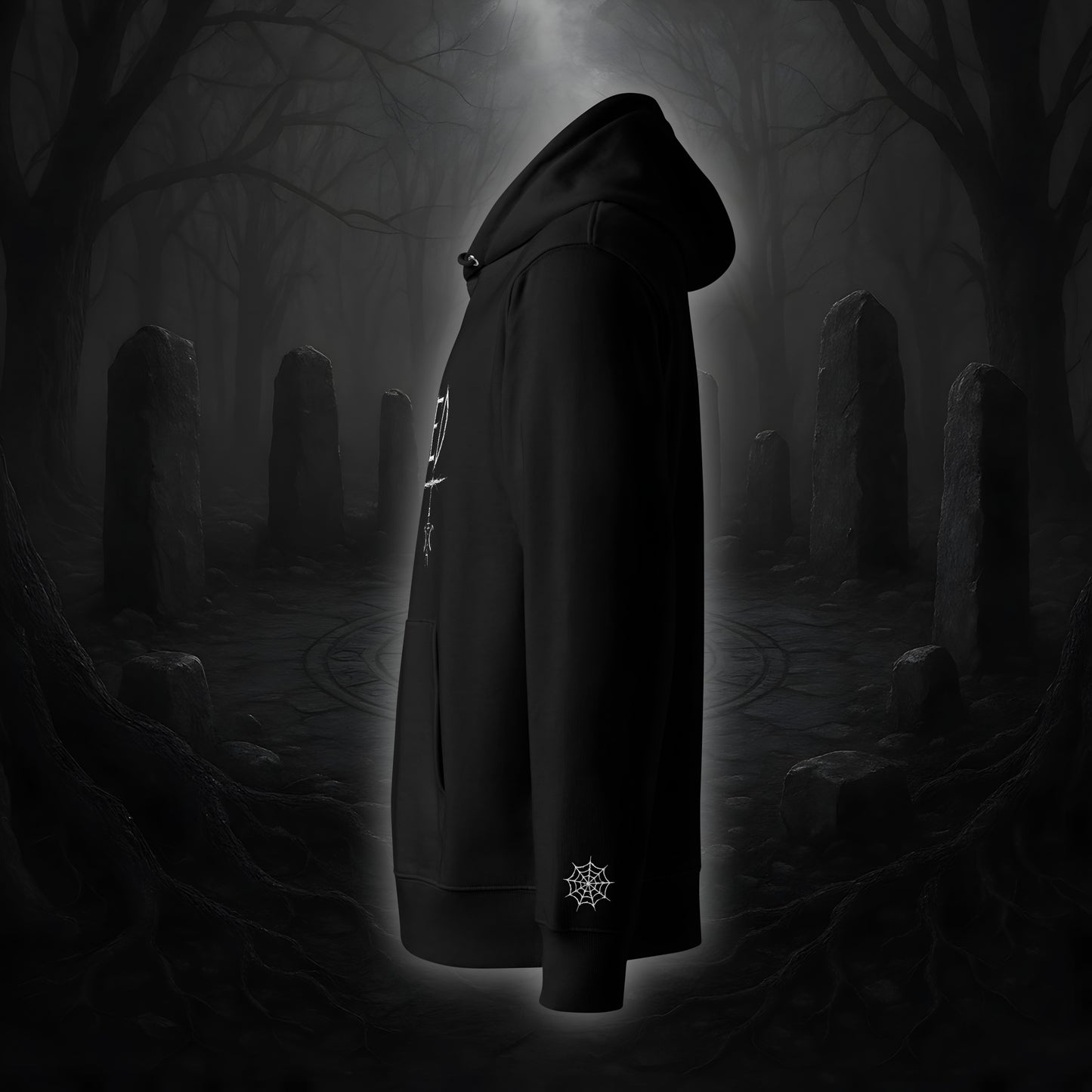 Schwarzer Hoodie mit weißem Cultural Carnage Statement „HAUNTED“ als Frontprint und passendem Ärmelstick-Symbol, reguläre Passform, doppellagige Kapuze.