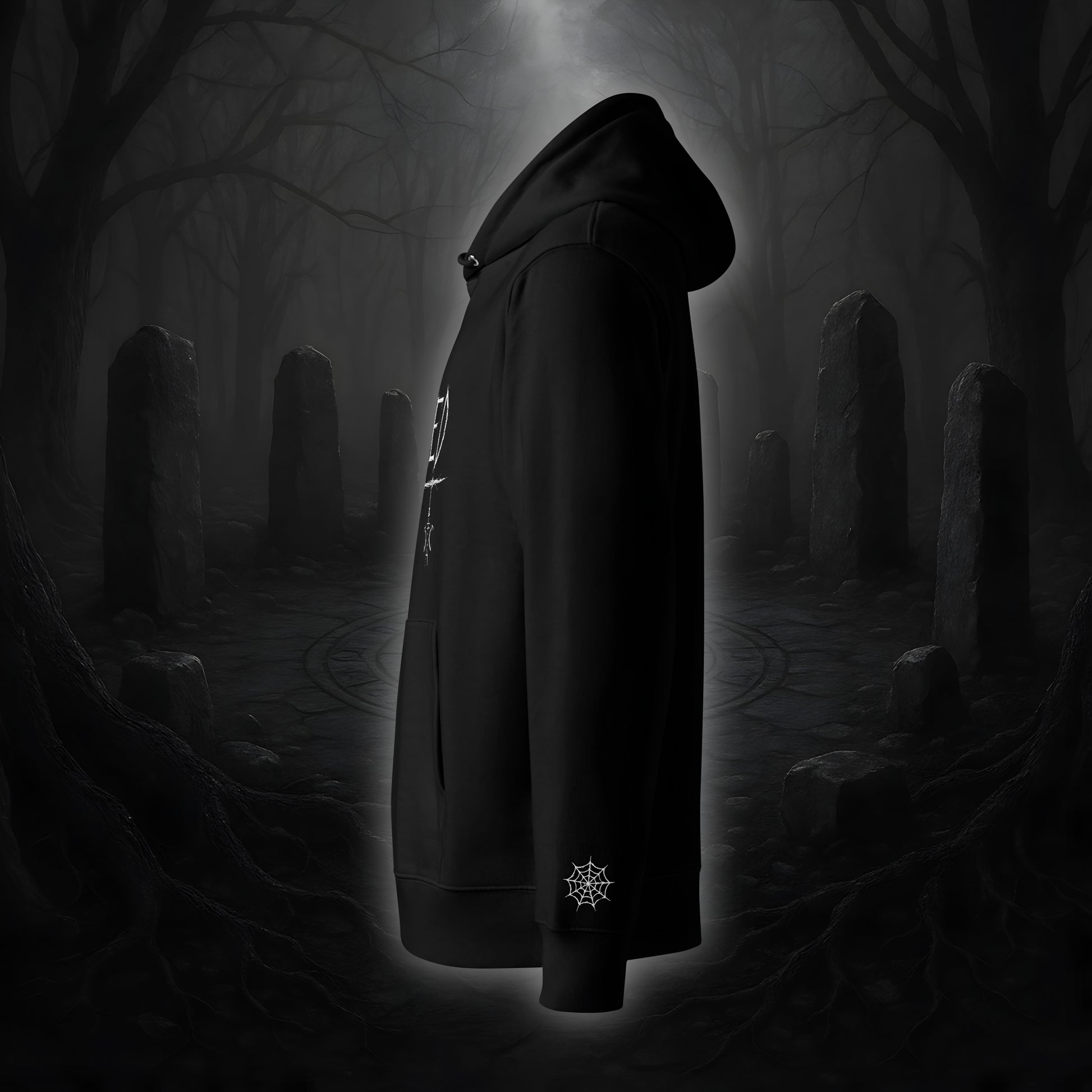 Schwarzer Hoodie mit weißem Cultural Carnage Statement „HAUNTED“ als Frontprint und passendem Ärmelstick-Symbol, reguläre Passform, doppellagige Kapuze.