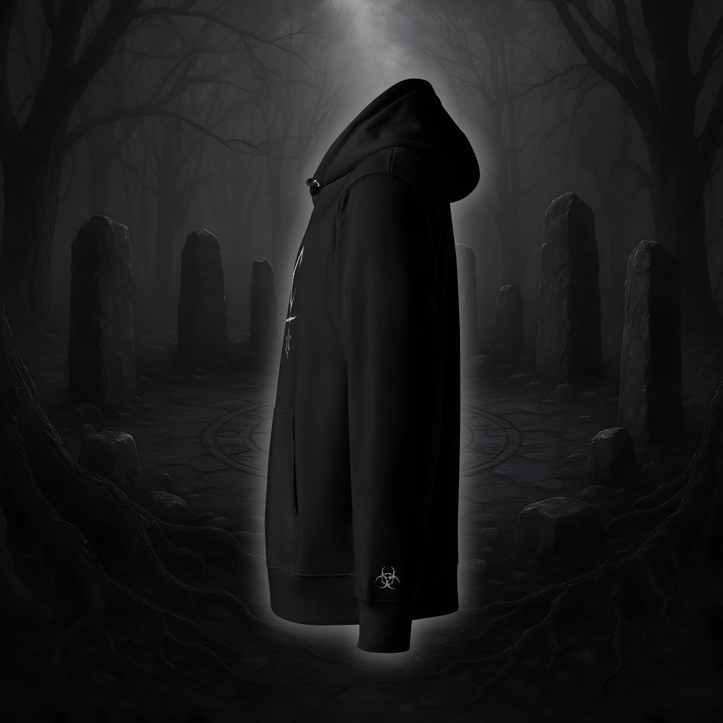 Schwarzer Hoodie mit weißem Cultural Carnage Statement „TOXIC“ als Frontprint und passendem Ärmelstick-Symbol, reguläre Passform, doppellagige Kapuze.