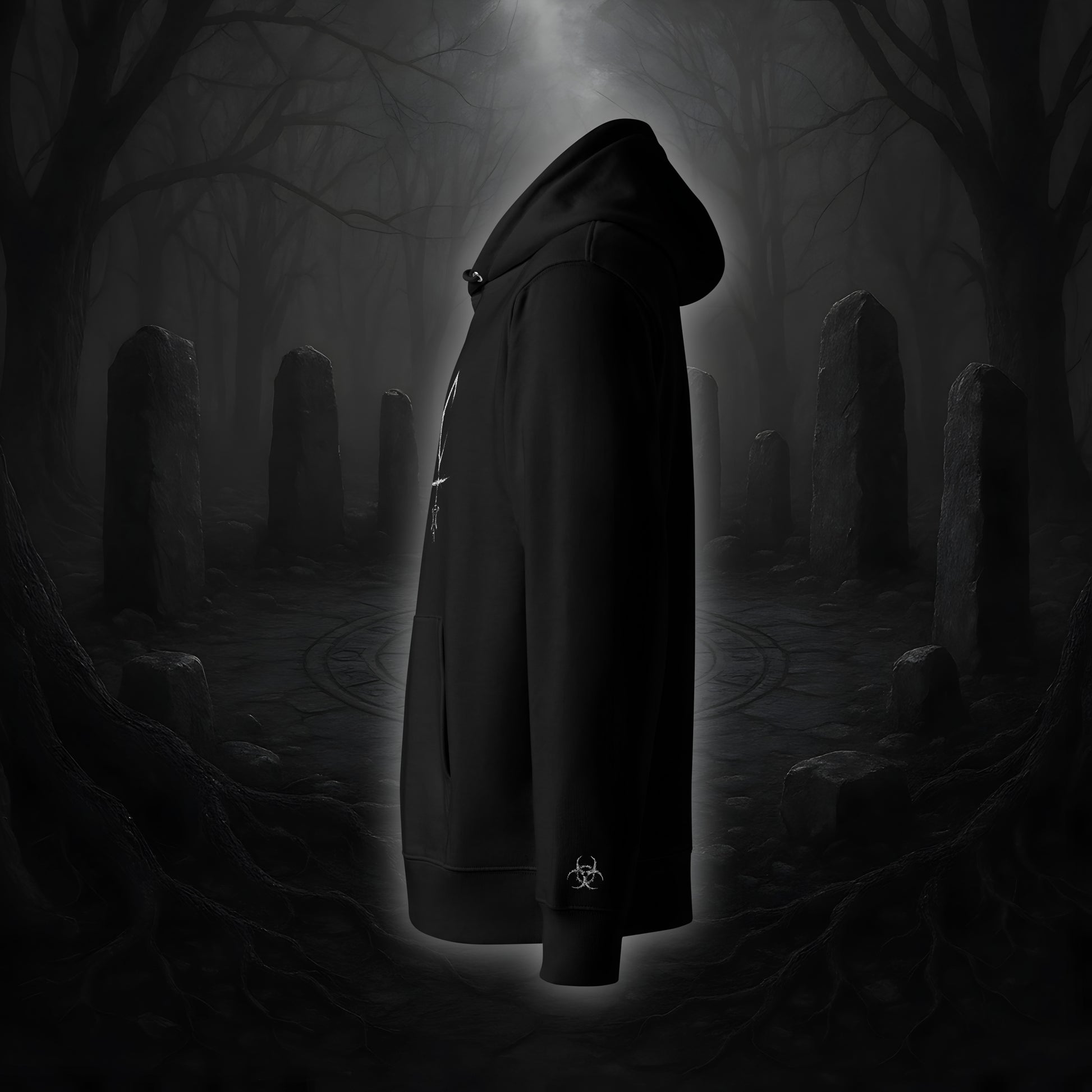 Schwarzer Hoodie mit weißem Cultural Carnage Statement „TOXIC“ als Frontprint und passendem Ärmelstick-Symbol, reguläre Passform, doppellagige Kapuze.