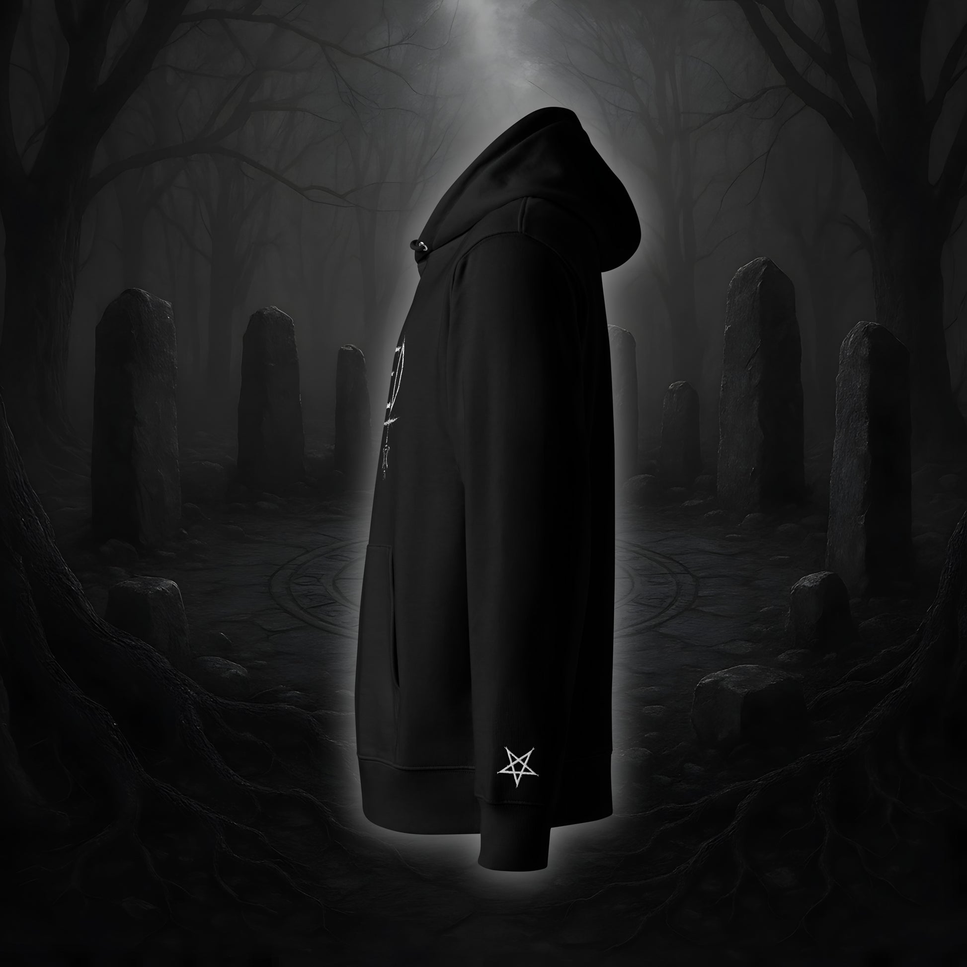 Schwarzer Hoodie mit weißem Cultural Carnage Statement „WICKED“ als Frontprint und passendem Ärmelstick-Symbol, reguläre Passform, doppellagige Kapuze.