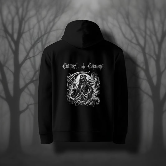 Schwarzer Gothic Hoodie mit düsterem Backprint: Sensenmann mit Kapuze und knochigem Gesicht, große Sende in den Händen, von Nebelschwaden umgeben; weißer Schriftzug "Cultural Carnage" darüber 