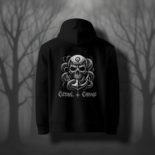 Schwarzer Gothic Hoodie mit düsterem Backprint: großer Totenschädel mit Rissen, umgeben von Tentakeln, mit einem  Anker durchdrungen; weißer Schriftzug "Cultural Carnage" darunter