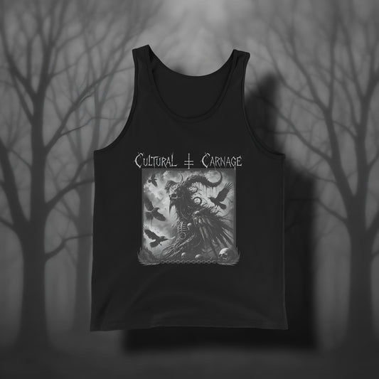 Schwarzes Gothic Tanktop mit düsterem Frontprint: vogelartiger, gehörnter Dämon im Mantel, umgeben von fliegenden Raben, Schädel im Vordergrund. Weißer Schriftzug "Cultural Carnage" darüber