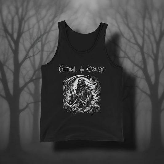 Schwarzes Gothic Tanktop mit düsterem Frontprint: Sensenmann mit Kapuze und knochigem Gesicht, große Sende in den Händen, von Nebelschwaden umgeben. Weißer Schriftzug "Cultural Carnage" darüber 