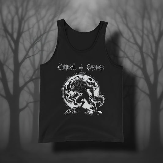 Schwarzes Gothic Tanktop mit düsterem Frontprint: furchteinflößender Werwolf mit gesträubtem Fell vor großem, vollmondbeleuchtetem Hintergrund. Weißer Schriftzug "Cultural Carnage" darüber