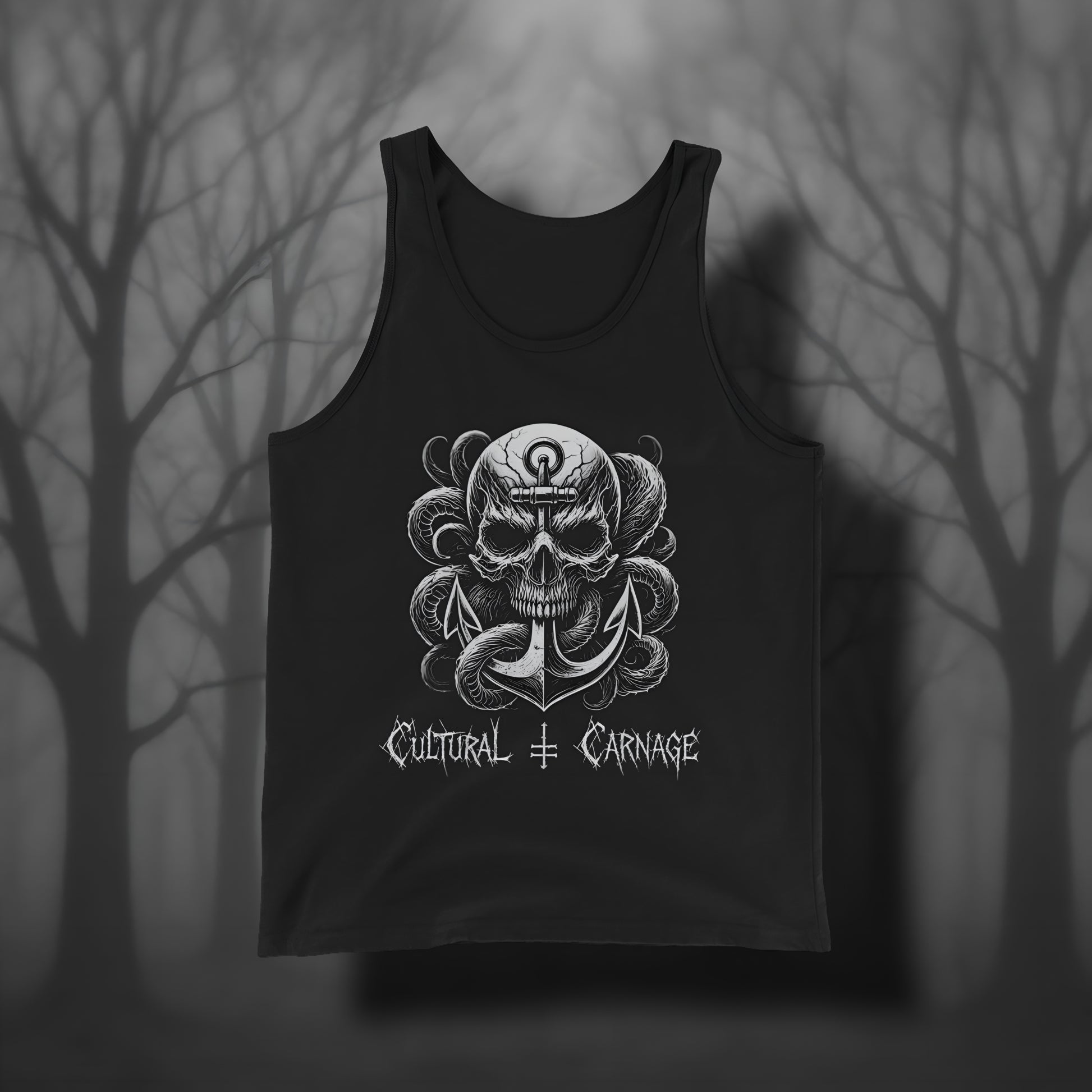 Schwarzes Gothic Tanktop mit düsterem Frontprint: großer Totenschädel mit Rissen, umgeben von Tentakeln, mit einem  Anker durchdrungen. Weißer Schriftzug "Cultural Carnage" darunter
