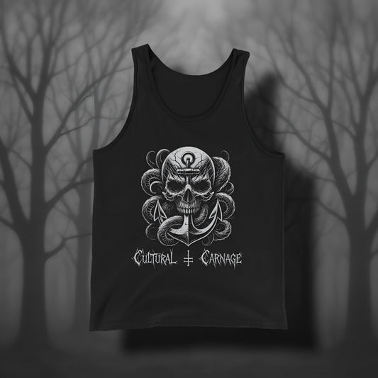 Schwarzes Gothic Tanktop mit düsterem Frontprint: großer Totenschädel mit Rissen, umgeben von Tentakeln, mit einem  Anker durchdrungen. Weißer Schriftzug "Cultural Carnage" darunter