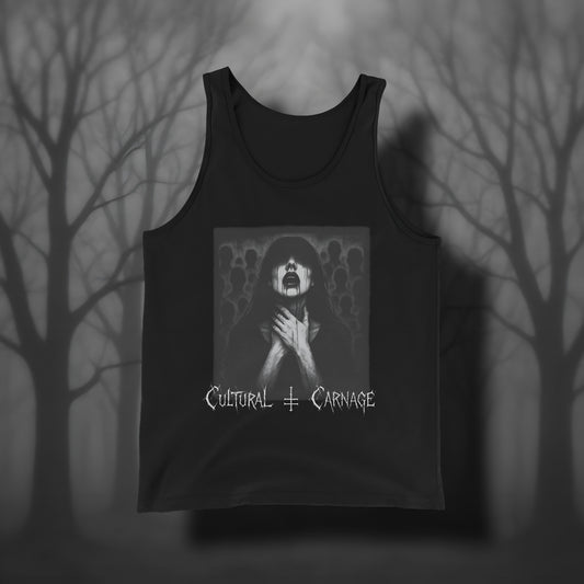 Schwarzes Gothic Tanktop mit düsterem Frontprint: Frau mit langen, dunklen Haaren und blutigem Mund, die sich den Hals hält, im Hintergrund schemenhafte Menschenmengen. Weißer Schriftzug "Cultural Carnage" darunter