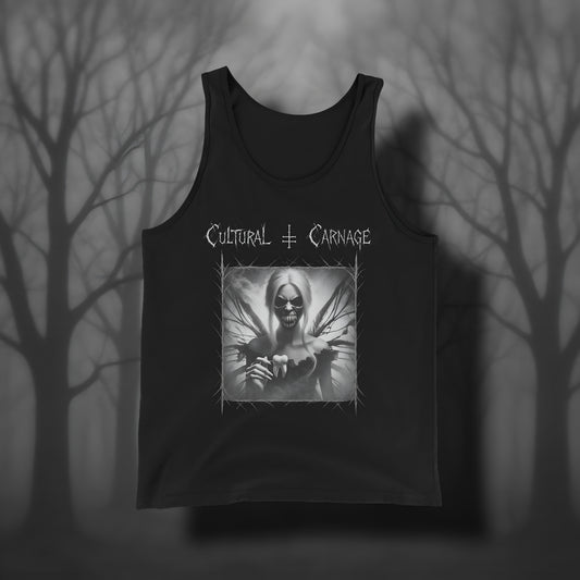 Schwarzes Gothic Tanktop mit düsterem Frontprint: dämonische Zahnfee mit langen Haaren, gezacktem Mund voller scharfer Zähne, dunklen Feenflügeln und herausgerissenen Zähnen in den Händen. Weißer Schriftzug "Cultural Carnage" darüber