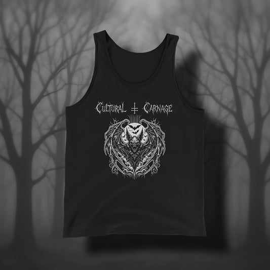 Schwarzes Gothic Tanktop mit düsterem Frontprint: dämonische Fledermaus, eingerahmt von ornamentalen Mustern, weitere Silhouetten von Fledermäusen im Vollmondlicht. Weißer Schriftzug "Cultural Carnage" darüber