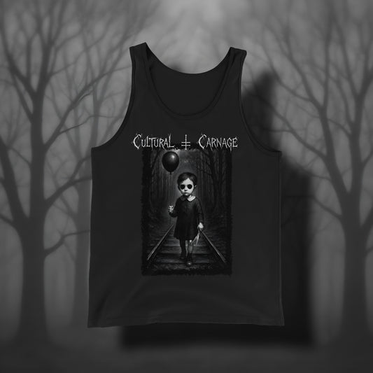 Schwarzes Gothic Tanktop mit düsterem Frontprint: unheimliches Kind in dunklem Kleid mit leeren Augenhöhlen und schwarzem Ballon, stehend auf Bahngleisen in einem düsteren Wald. Weißer Schriftzug "Cultural Carnage" darüber
