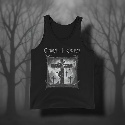 Schwarzes Gothic Tanktop mit düsterem Frontprint: skelettierter Dämon mit Hörnern am Kreuz, umgeben von Kreuzen und Blitzen, apokalyptische Landschaft mit Vulkanen und dunklen Wolken im Hintergrund. Weißer Schriftzug "Cultural Carnage" darüber