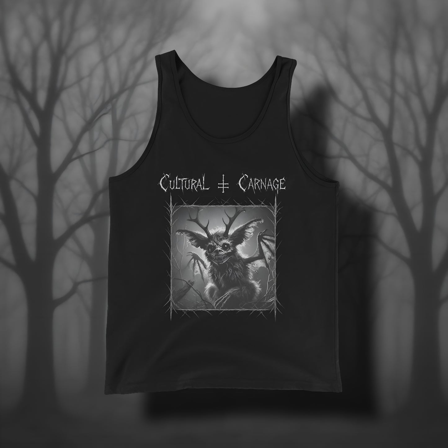 Schwarzes Gothic Tanktop mit düsterem Frontprint: Jackalope-Kreatur mit Geweih, großen Ohren und leuchtenden Augen, umgeben von Dornenrahmen und kahlen Ästen. Weißer Schriftzug "Cultural Carnage" darüber 