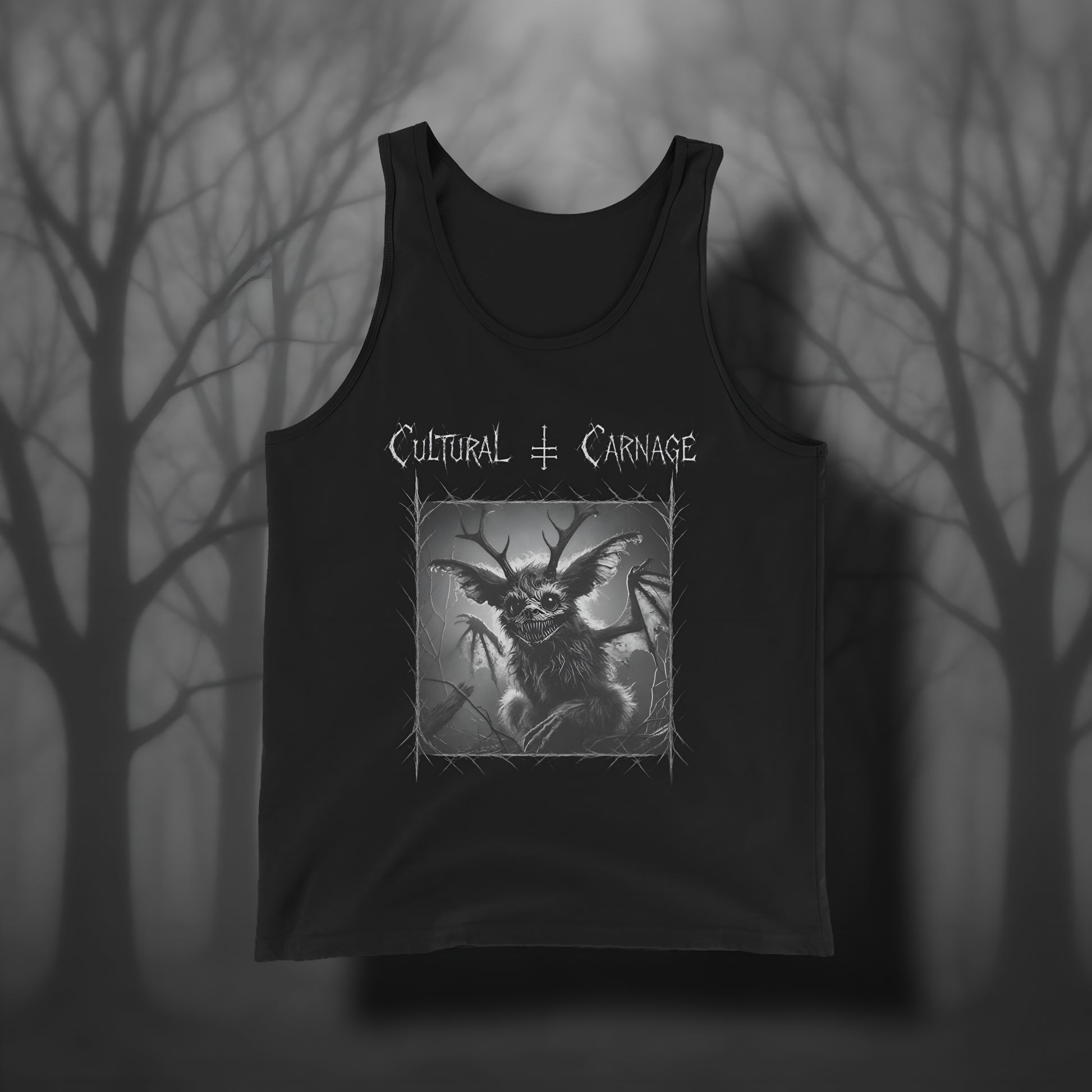 Schwarzes Gothic Tanktop mit düsterem Frontprint: Jackalope-Kreatur mit Geweih, großen Ohren und leuchtenden Augen, umgeben von Dornenrahmen und kahlen Ästen. Weißer Schriftzug "Cultural Carnage" darüber 