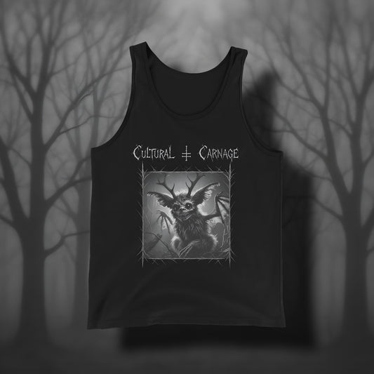 Schwarzes Gothic Tanktop mit düsterem Frontprint: Jackalope-Kreatur mit Geweih, großen Ohren und leuchtenden Augen, umgeben von Dornenrahmen und kahlen Ästen. Weißer Schriftzug "Cultural Carnage" darüber 