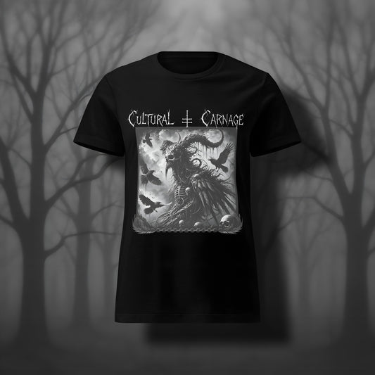 Schwarzes Damen Gothic T-Shirt mit düsterem Frontprint: vogelartiger, gehörnter Dämon im Mantel, umgeben von fliegenden Raben, Schädel im Vordergrund. Weißer Schriftzug "Cultural Carnage" darüber