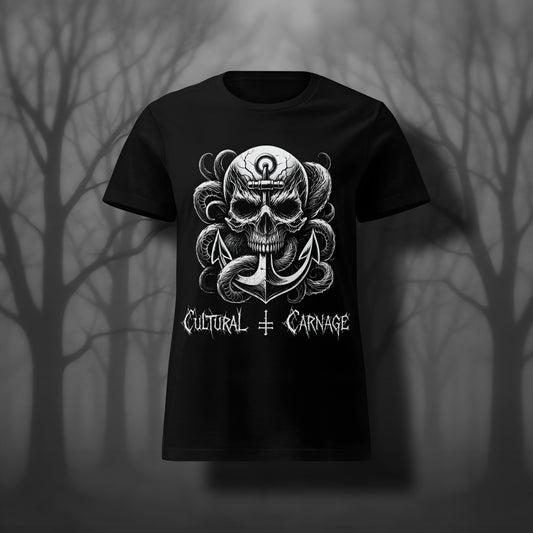 Schwarzes Damen Gothic T-Shirt mit düsterem Frontprint: großer Totenschädel mit Rissen, umgeben von Tentakeln, mit einem  Anker durchdrungen. Weißer Schriftzug "Cultural Carnage" darunter