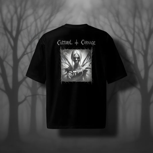 Schwarzes Oversized Gothic Shirt mit düsterem Backprint: dämonische Zahnfee mit langen Haaren, gezacktem Mund voller scharfer Zähne, dunklen Feenflügeln und herausgerissenen Zähnen in den Händen. Weißer Schriftzug "Cultural Carnage" darüber