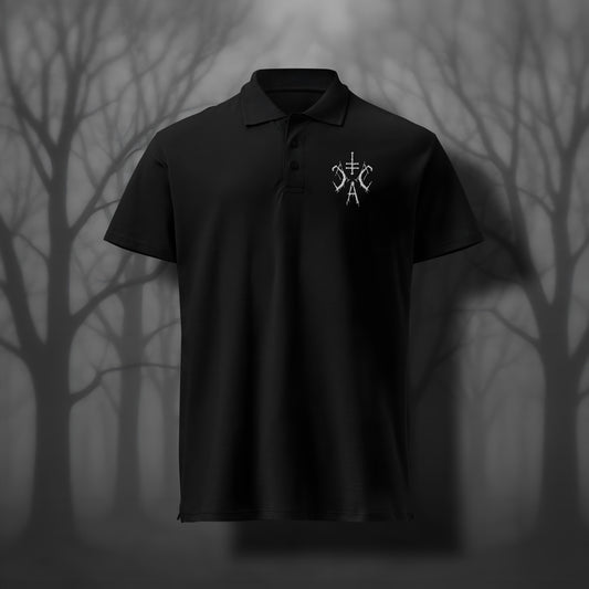 Schwarzes Polo-Shirt mit weißem, gesticktem Cultural Carnage Apparel Brustlogo - Klassisches Polo-Shirt im Gothic Dark Art Style