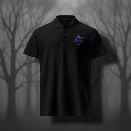 Schwarzes Polo-Shirt mit violettem, gesticktem Cultural Carnage Apparel Brustlogo - Klassisches Polo-Shirt im Gothic Dark Art Style