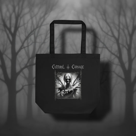Schwarze Stofftasche mit düsterem Print: dämonische Zahnfee mit langen Haaren, gezacktem Mund voller scharfer Zähne, dunklen Feenflügeln und herausgerissenen Zähnen in den Händen; weißer Schriftzug "Cultural Carnage" darüber