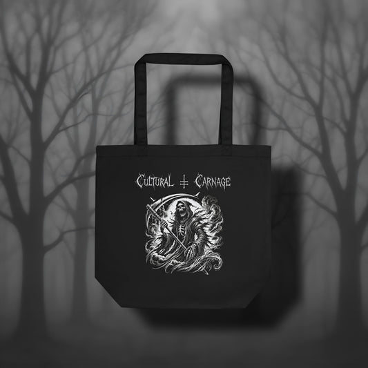 Schwarze Stofftasche mit düsterem Print: Sensenmann mit Kapuze und knochigem Gesicht, große Sende in den Händen, von Nebelschwaden umgeben; weißer Schriftzug "Cultural Carnage" darüber 