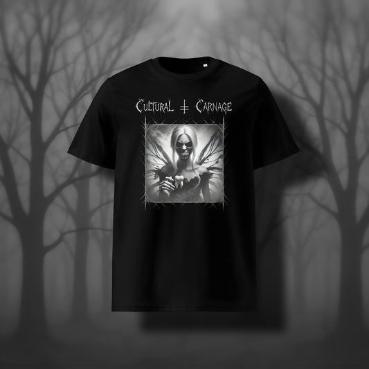 Schwarzes Unisex Gothic T-Shirt mit düsterem Frontprint: dämonische Zahnfee mit langen Haaren, gezacktem Mund voller scharfer Zähne, dunklen Feenflügeln und herausgerissenen Zähnen in den Händen. Weißer Schriftzug "Cultural Carnage" darüber