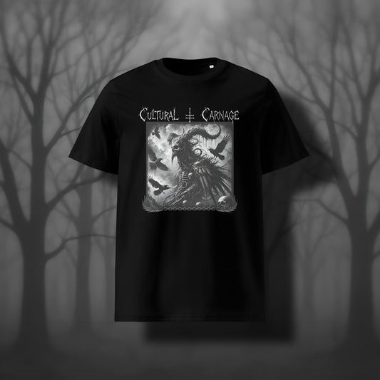 Schwarzes Unisex Gothic T-Shirt mit düsterem Frontprint: vogelartiger, gehörnter Dämon im Mantel, umgeben von fliegenden Raben, Schädel im Vordergrund; weißer Schriftzug "Cultural Carnage" darüber