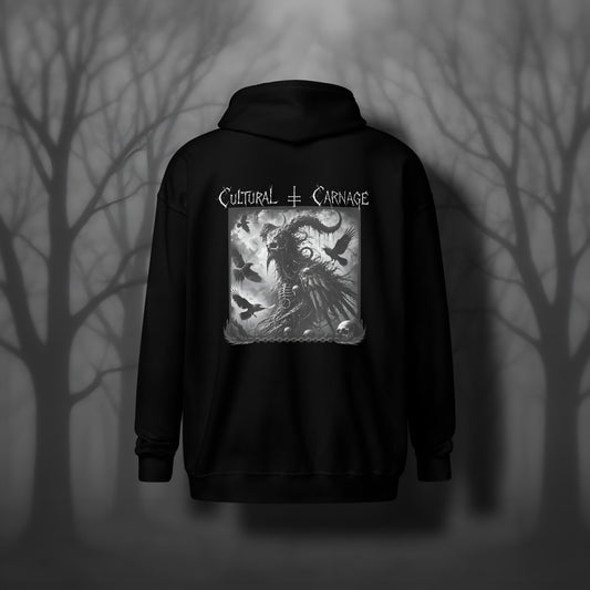 Schwarzer Gothic Zip Hoodie mit düsterem Backprint: vogelartiger, gehörnter Dämon im Mantel, umgeben von fliegenden Raben, Schädel im Vordergrund; weißer Schriftzug "Cultural Carnage" darüber