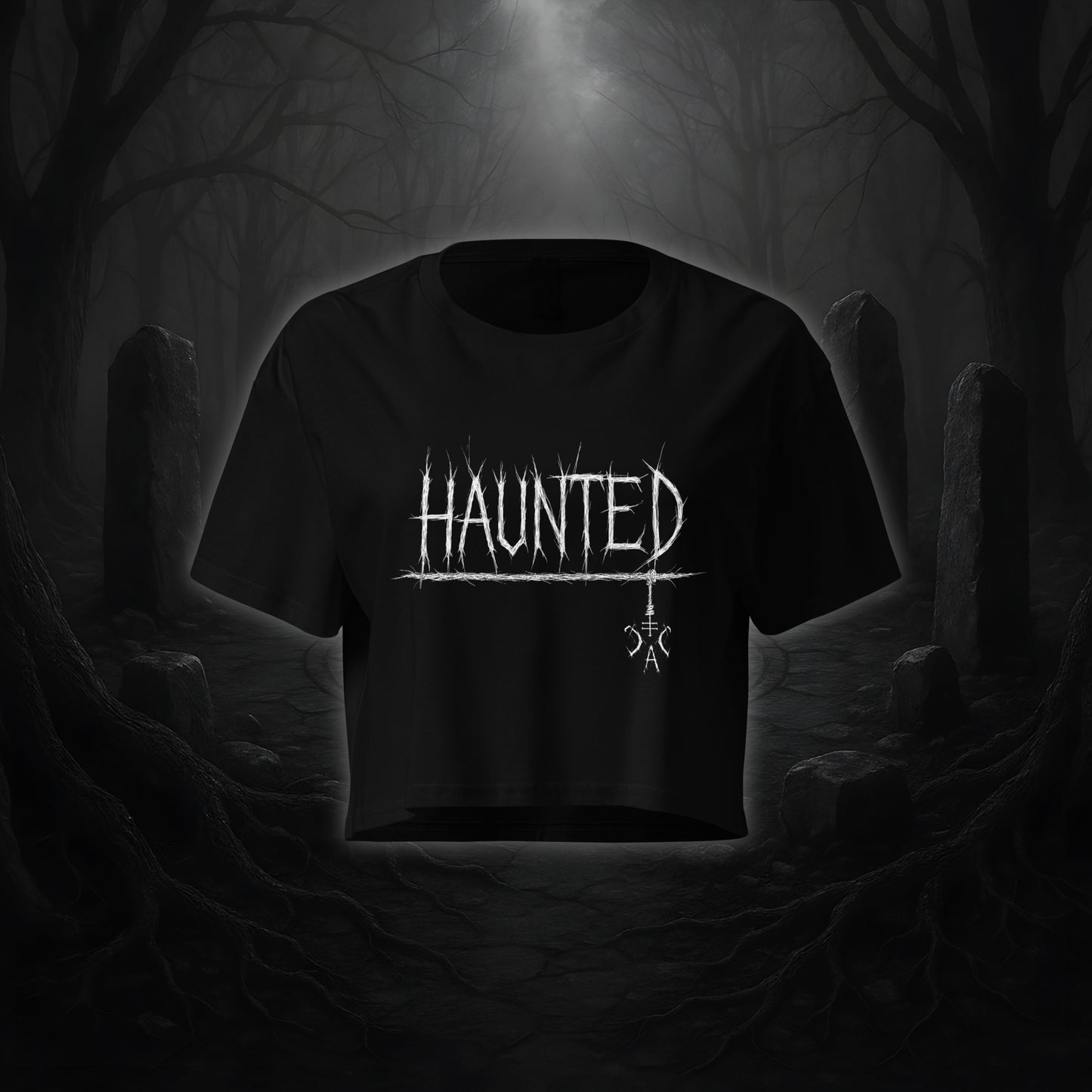 Schwarzes Crop Top mit weißem Cultural Carnage Statement „HAUNTED“ im Attitude-Design, lockere Passform und Drop Shoulders.