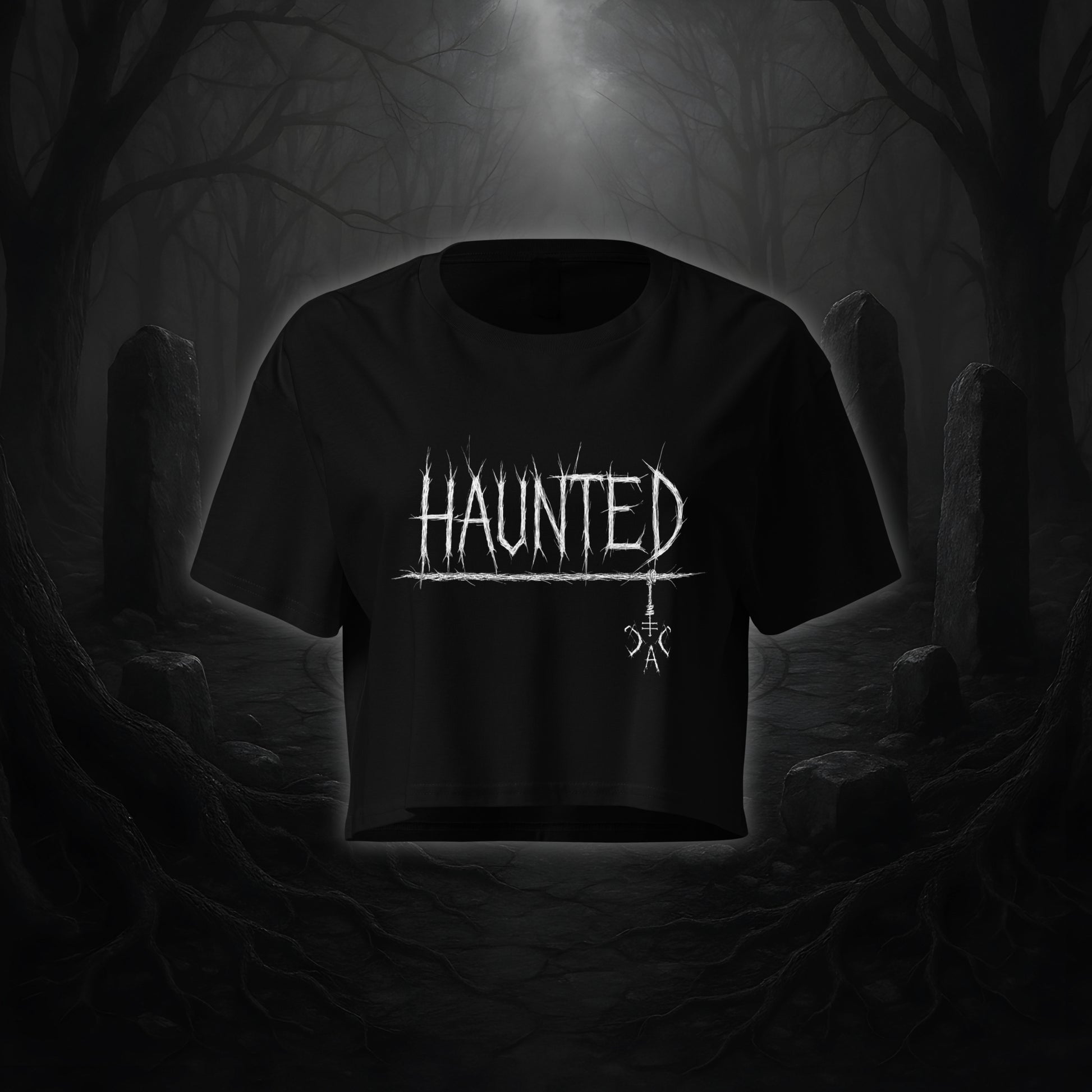 Schwarzes Crop Top mit weißem Cultural Carnage Statement „HAUNTED“ im Attitude-Design, lockere Passform und Drop Shoulders.