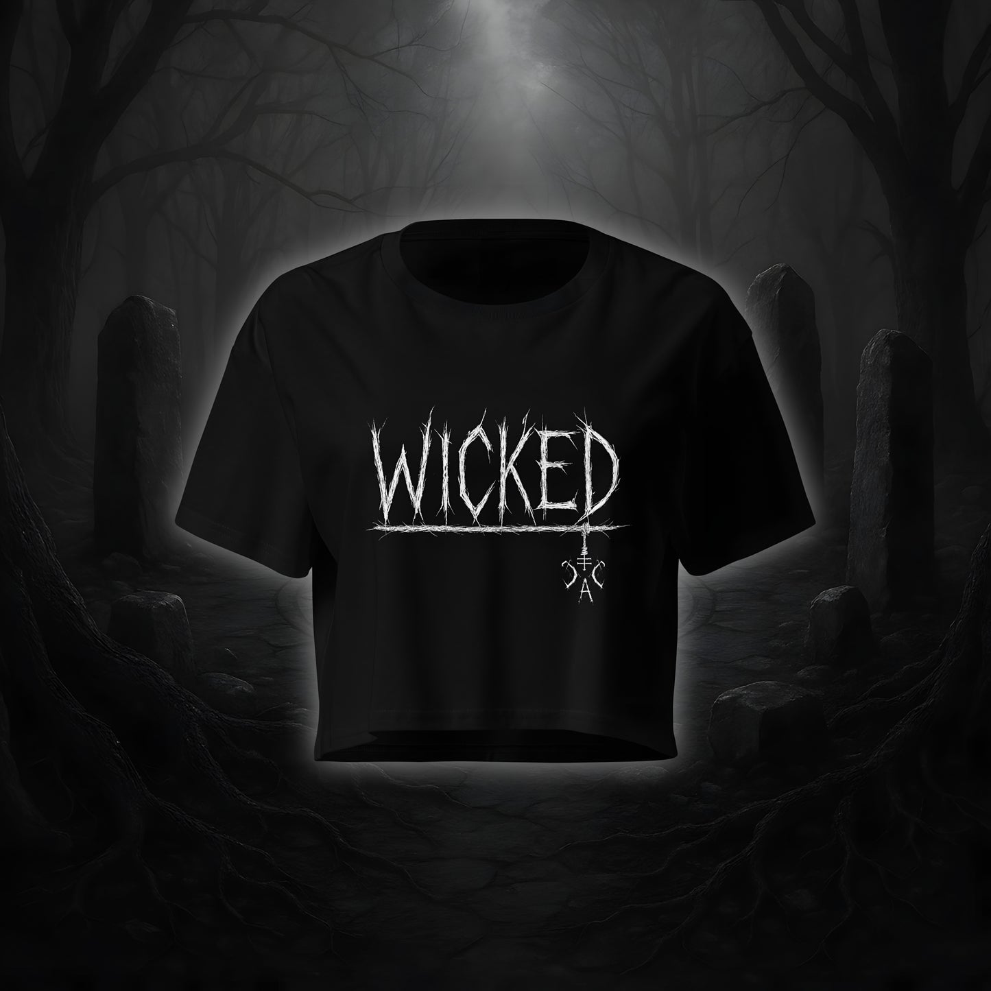 Schwarzes Crop Top mit weißem Cultural Carnage Statement „WICKED“ im Attitude-Design, lockere Passform und Drop Shoulders.