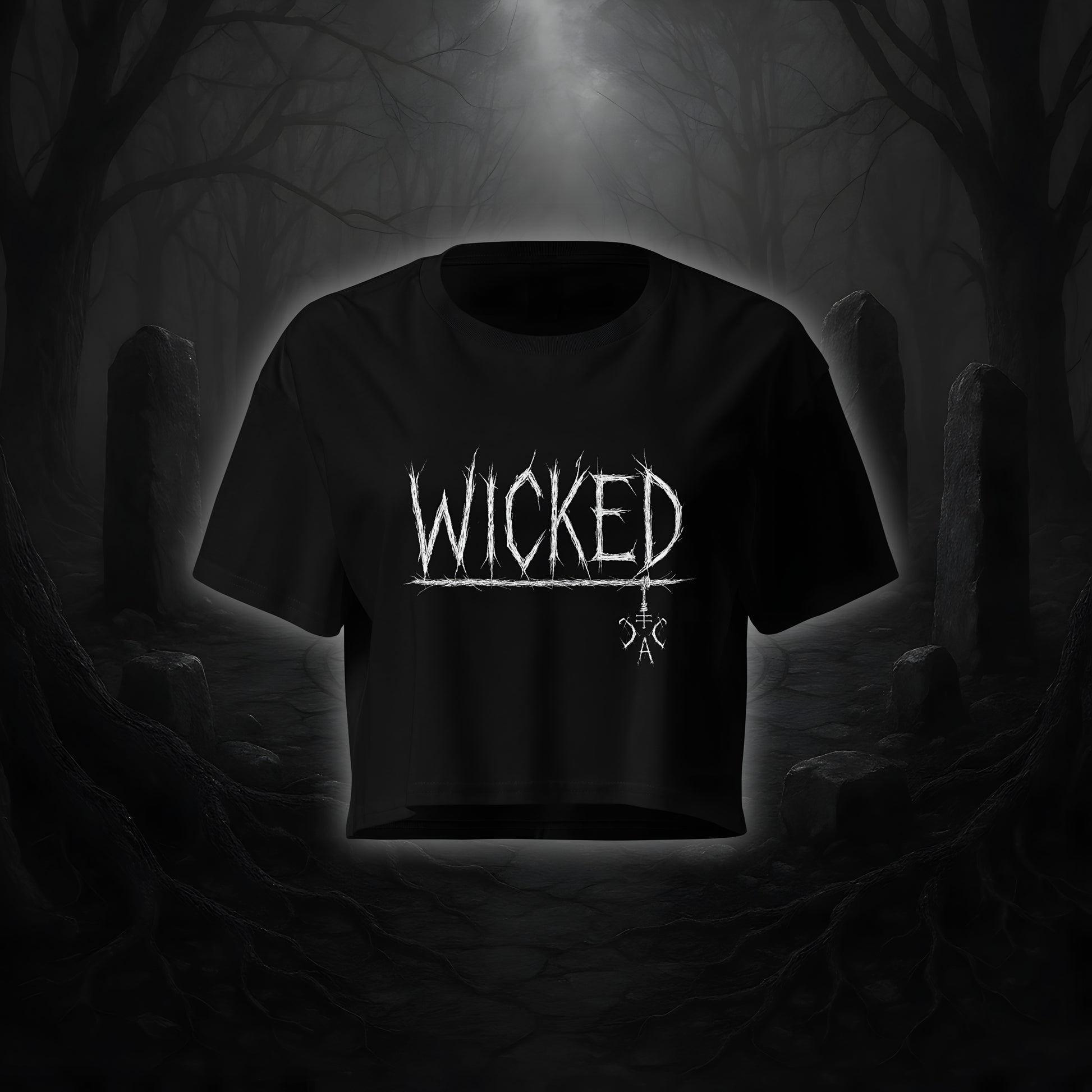 Schwarzes Crop Top mit weißem Cultural Carnage Statement „WICKED“ im Attitude-Design, lockere Passform und Drop Shoulders.