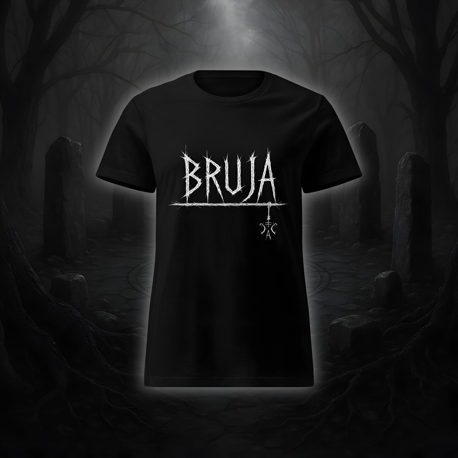 Schwarzes tailliertes Damen-T-Shirt mit weißem Cultural Carnage Statement „BRUJA“ im Attitude-Design, 100 % Baumwolle, taillierter Schnitt.