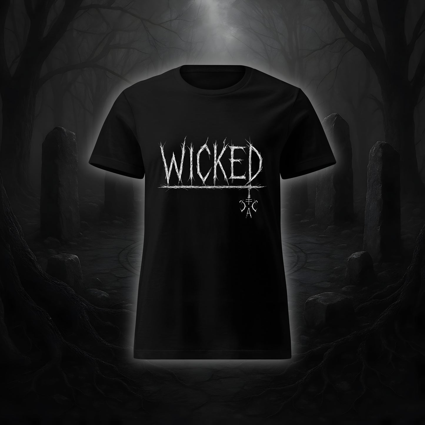 Schwarzes tailliertes Damen-T-Shirt mit weißem Cultural Carnage Statement „WICKED“ im Attitude-Design, 100 % Baumwolle, taillierter Schnitt.