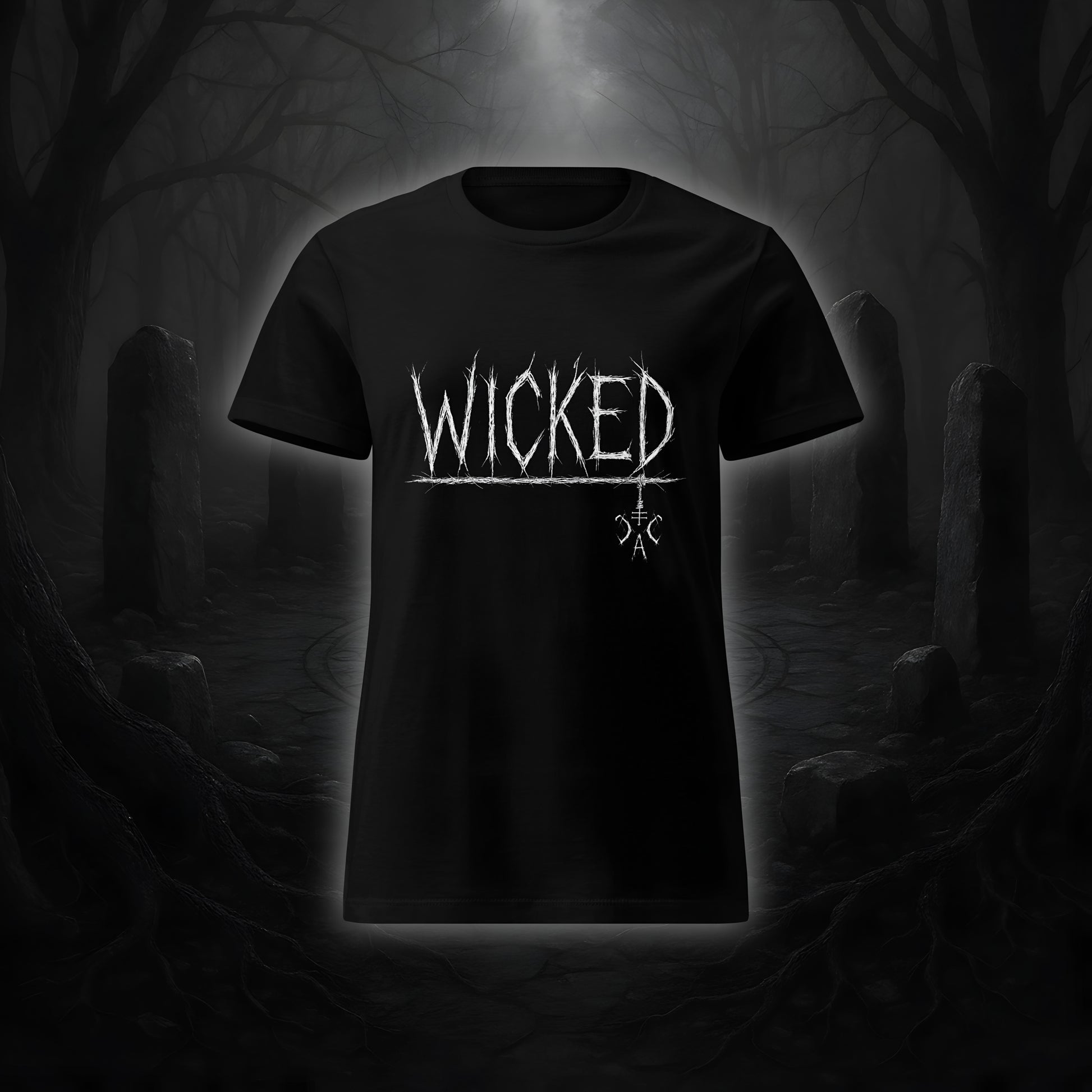 Schwarzes tailliertes Damen-T-Shirt mit weißem Cultural Carnage Statement „WICKED“ im Attitude-Design, 100 % Baumwolle, taillierter Schnitt.