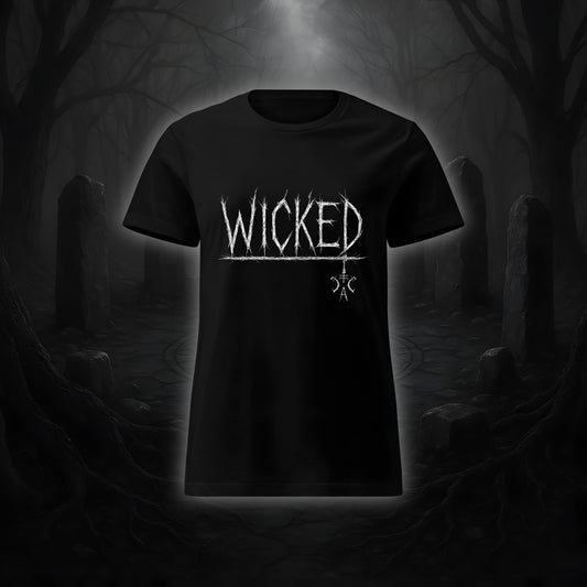Schwarzes tailliertes Damen-T-Shirt mit weißem Cultural Carnage Statement „WICKED“ im Attitude-Design, 100 % Baumwolle, taillierter Schnitt.