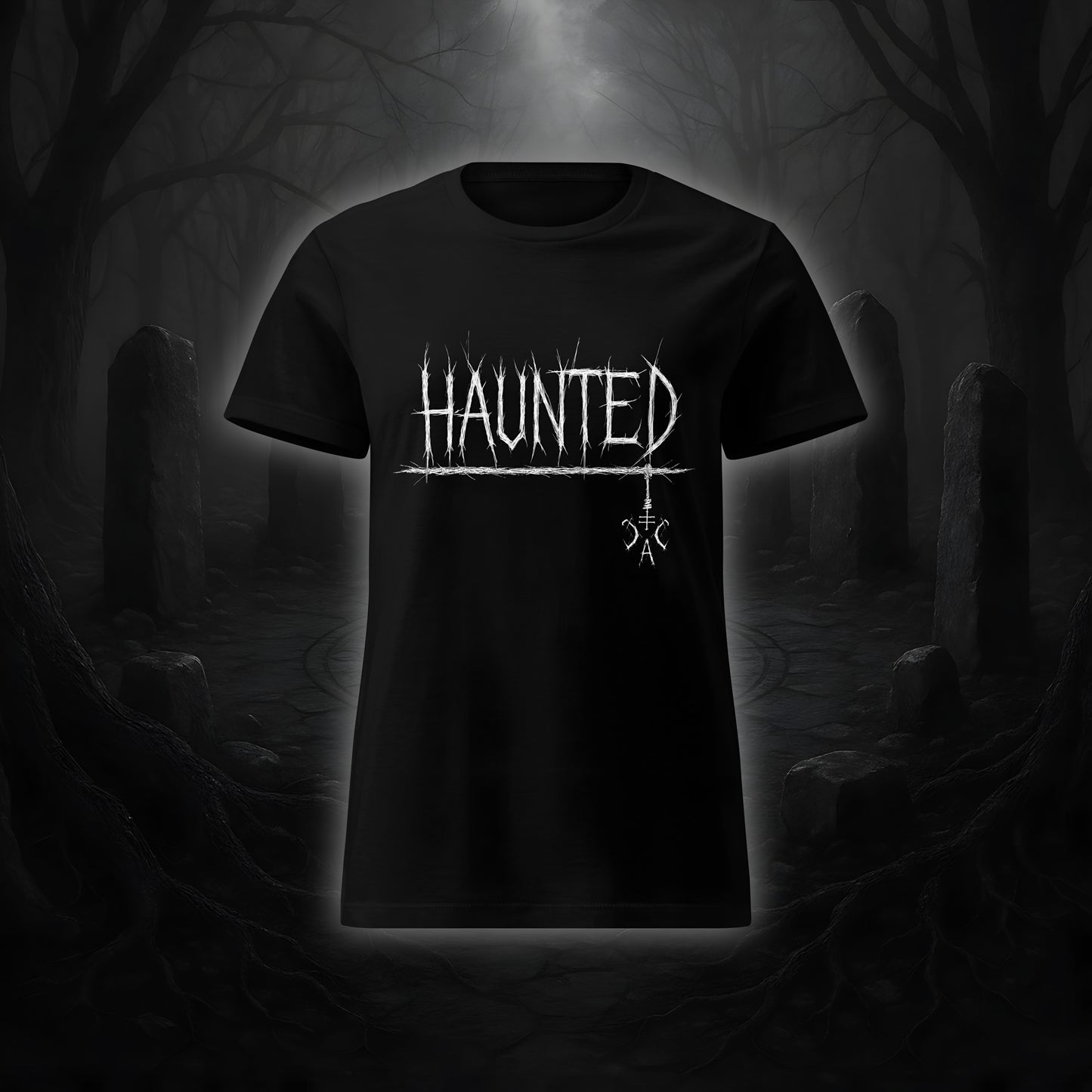Schwarzes tailliertes Damen-T-Shirt mit weißem Cultural Carnage Statement „HAUNTED“ im Attitude-Design, 100 % Baumwolle, taillierter Schnitt.