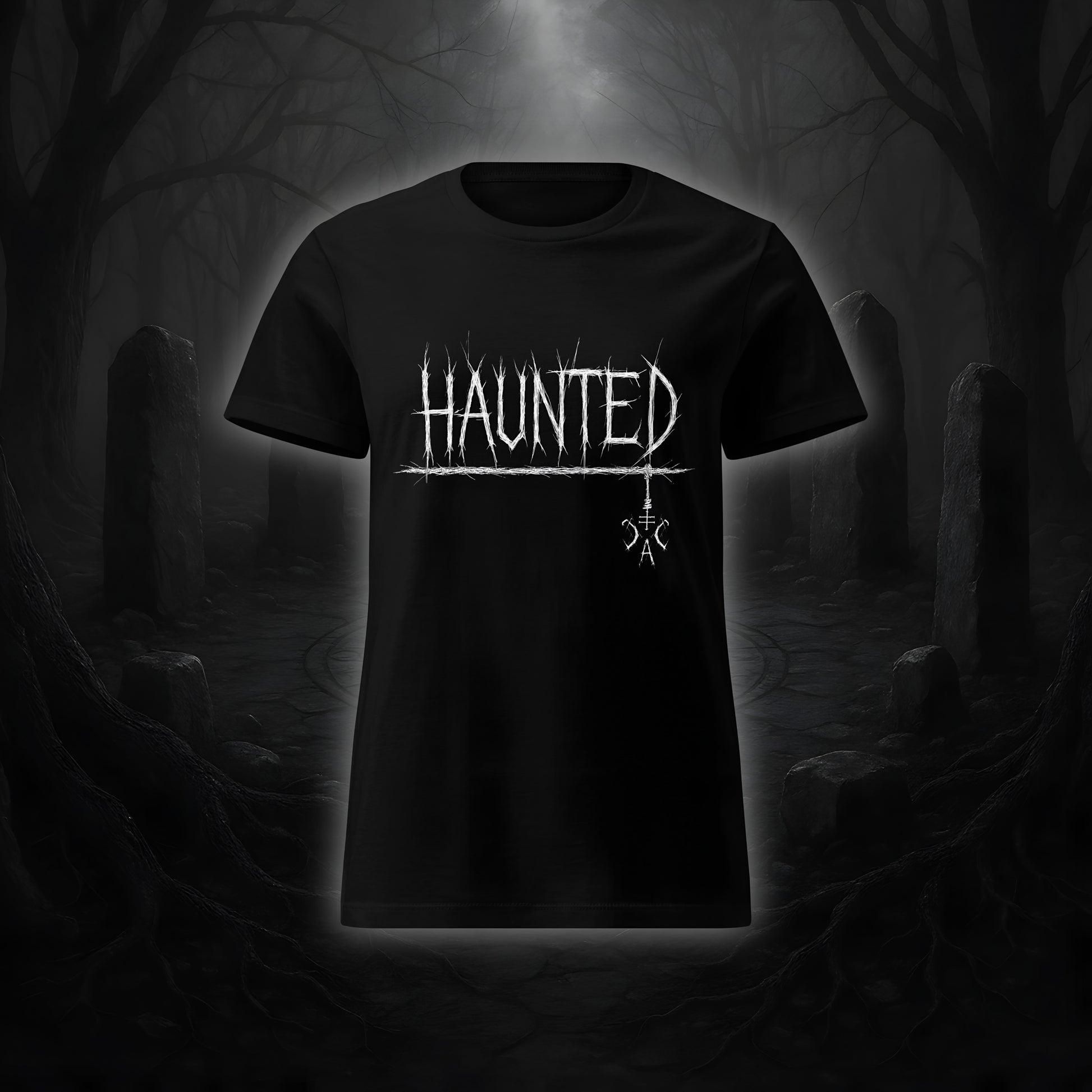 Schwarzes tailliertes Damen-T-Shirt mit weißem Cultural Carnage Statement „HAUNTED“ im Attitude-Design, 100 % Baumwolle, taillierter Schnitt.