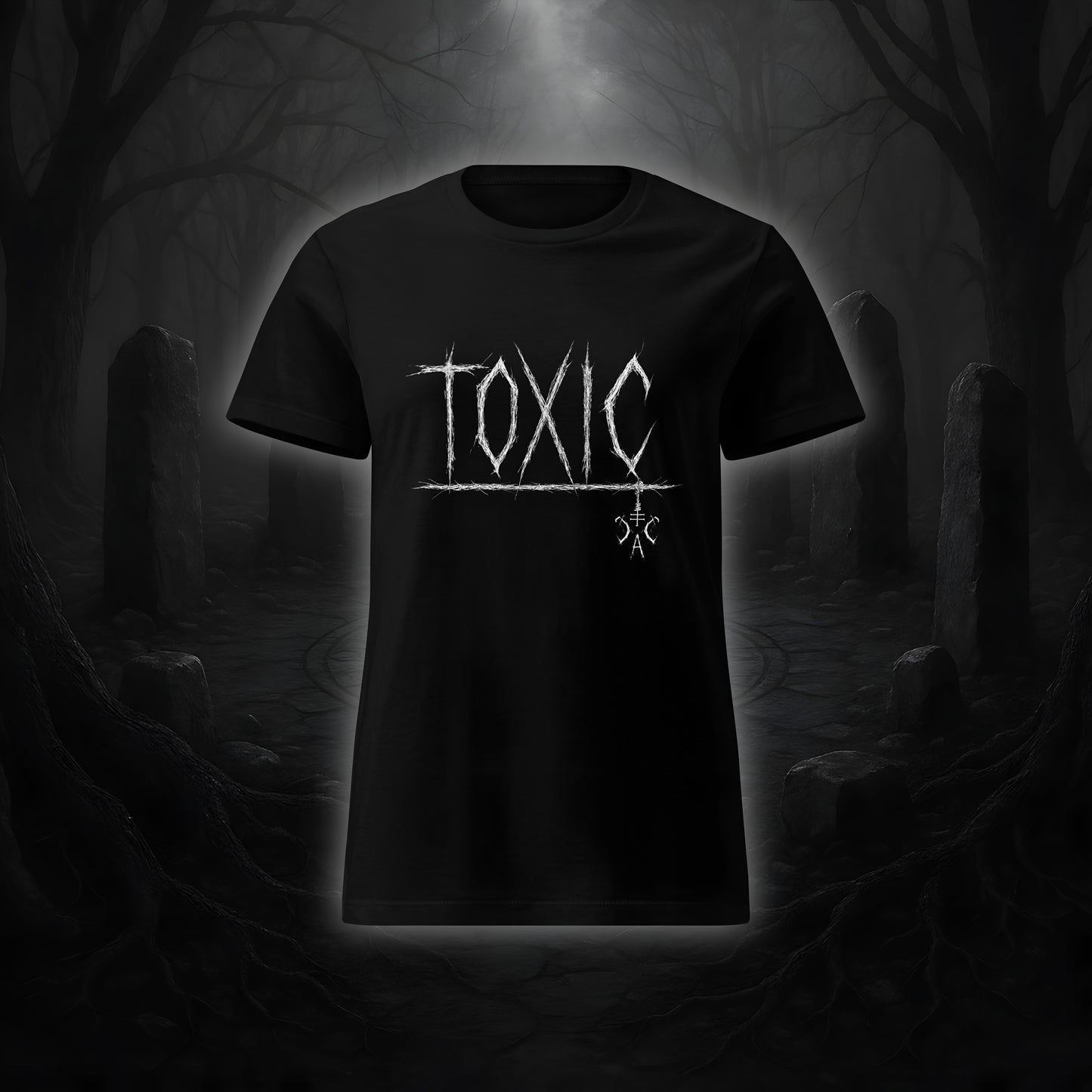 Schwarzes tailliertes Damen-T-Shirt mit weißem Cultural Carnage Statement „TOXIC“ im Attitude-Design, 100 % Baumwolle, taillierter Schnitt.